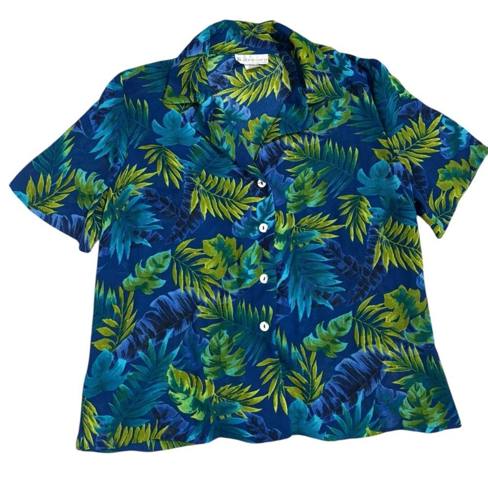 Women’s Blue/Green Hawaiian Vacation Collared Blouse by Dressbarn -sz 16